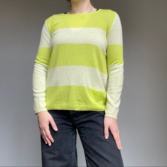 Luisa Cerano Lime Green White Cashmere Light Weight Pullover Sweater Sz M - Picture 1 of 11